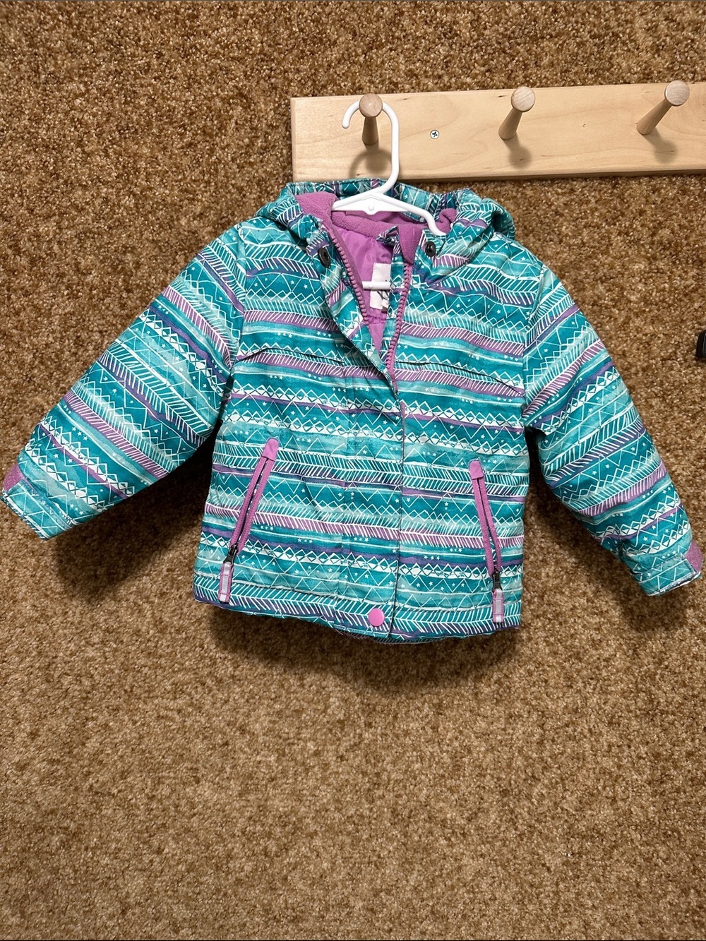Cat & Jack Teal and Purple Patterned Hooded Puffer Jacket